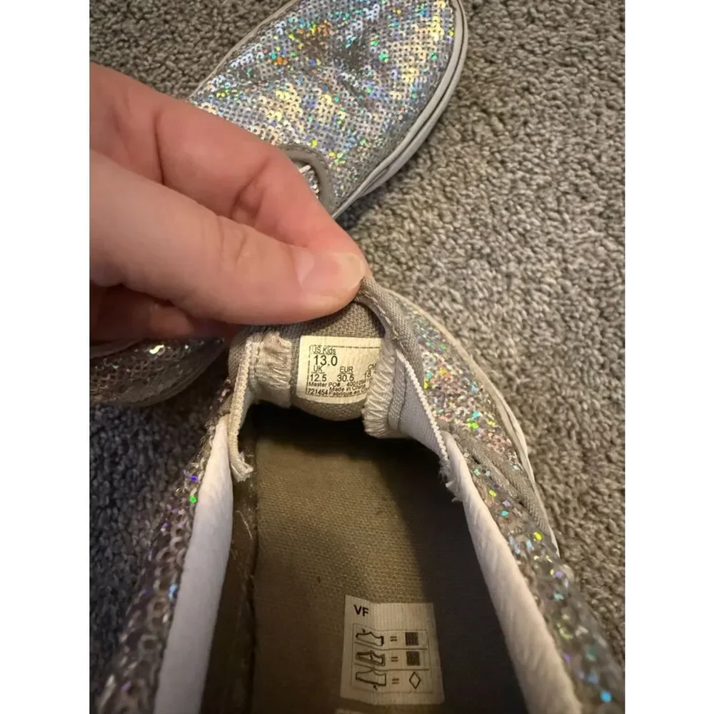 Vans Slip On Silver Holographic Glitter Sequin Sneakers Sz 13